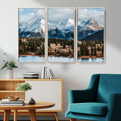 36247746-MGV-CV-36X24-Snowy Peaks Wall Art Canvas Print, Framed Alpine Lake Art Picture Print, Pine Forest Perfect Alpine Wilderness Decor Artwork