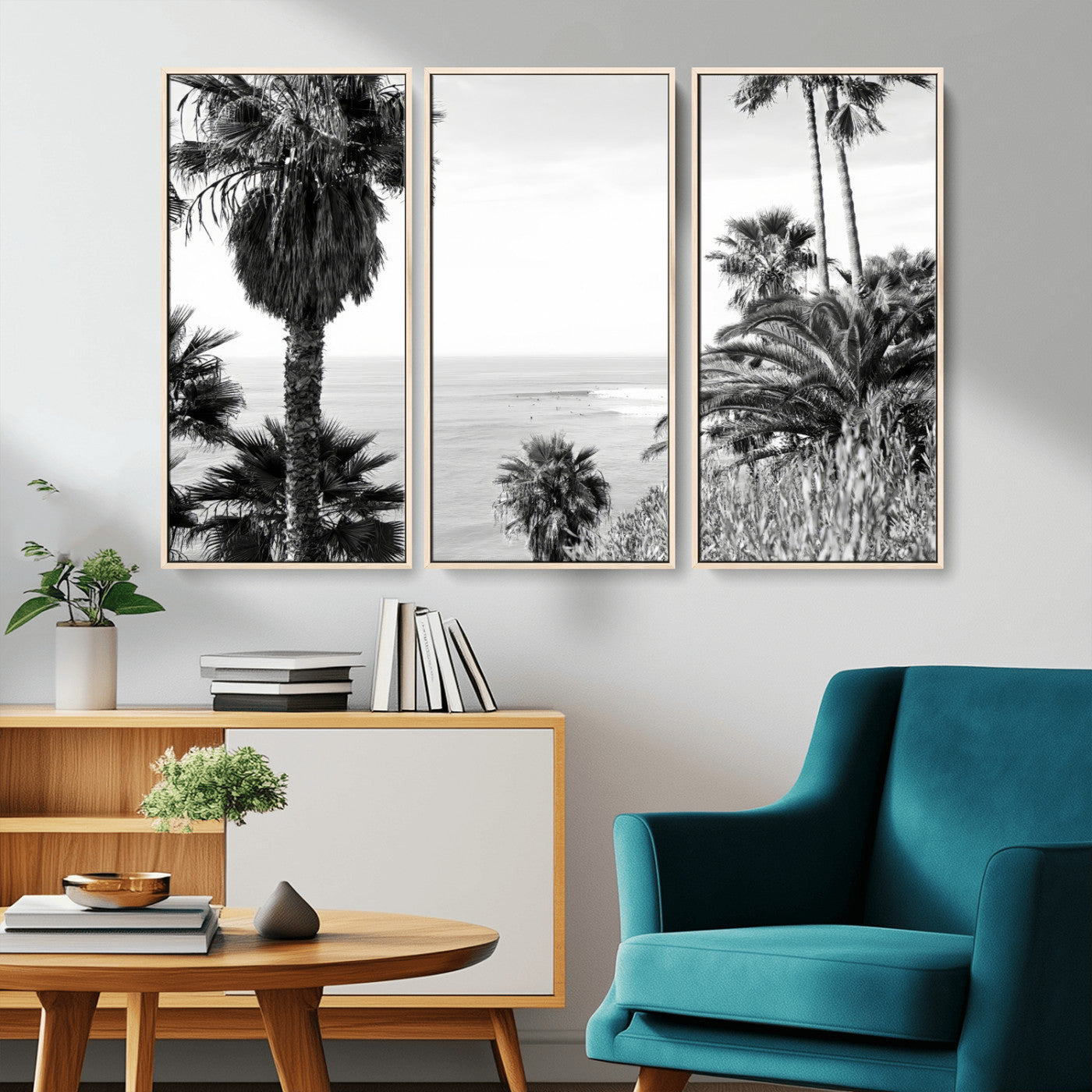 89458520-MGV-CV-36X24-Palm Trees Wall Art Canvas Print, Framed Coastal View Art Picture Print, Ocean Horizon Perfect Monochrome Coast Decor Artwork
