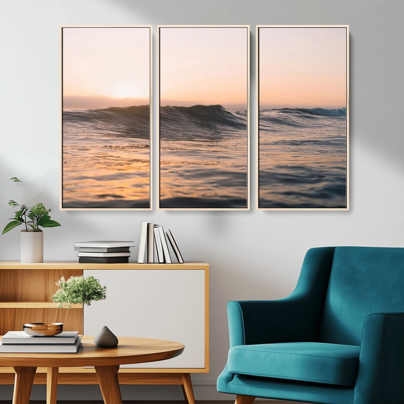 46299358-MGV-CV-36X24-Sunset Waves Wall Art Canvas Print, Framed Ocean Horizon Art Picture Print, Golden Water Perfect Golden Hour Coastal Decor Artwork