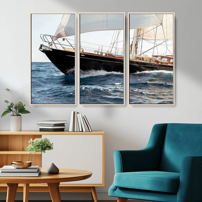 97168626-MGV-CV-36X24-Sailing Yacht Wall Art Canvas Print, Framed Wooden Yacht Art Picture Print, Ocean Waves Perfect Nautical Coastal Decor Artwork