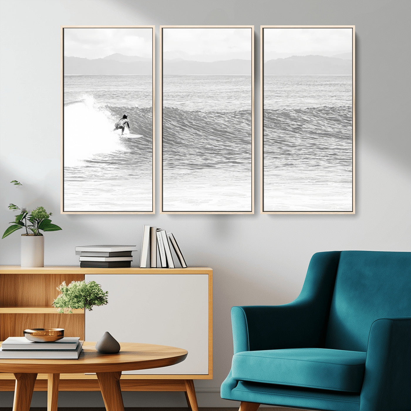 81535128-MGV-CV-36X24-Surfer Woman Wall Art Canvas Print, Framed Black Ocean Art Picture Print, Ocean Surfing Perfect Monochrome Coastal Decor Artwork