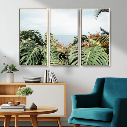 45700479-MGV-CV-36X24-Monstera Leaves Wall Art Canvas Print, Framed Tropical Ocean Art Picture Print, Tropical Foliage Perfect Tropical Coastal Jungle