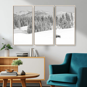 68081143-MGV-CV-36X24-Snowy Bison Wall Art Canvas Print, Framed Winter Forest Art Picture Print, Lone Bison Perfect Monochrome Winter Wild Decor Artwork