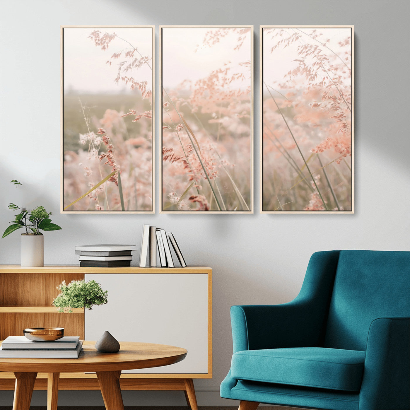 79164340-MGV-FC-48X32-3P_Natural-Pastel Grasses Wall Art Canvas Print, Framed Soft Meadow Art Picture Print, Field in Breeze Perfect Pastel Minimal Decor Artwork