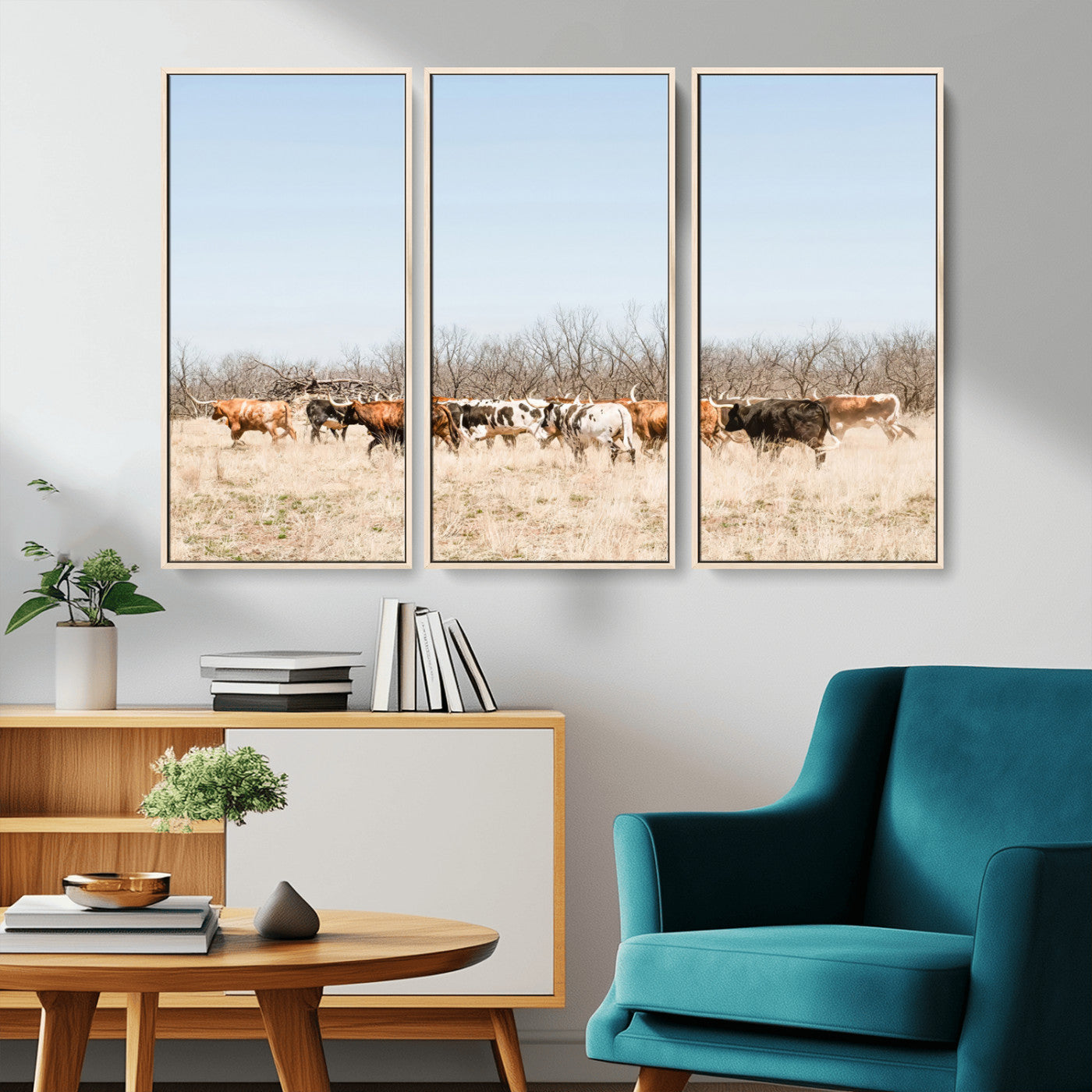 16563092-MGV-CV-36X24-Texas Longhorns Wall Art Canvas Print, Framed Western Cattles Art Picture Print, Rustic Herd Perfect Rustic Farmhouse Decor