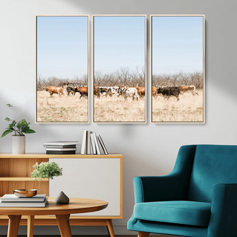 16563092-MGV-CV-36X24-Texas Longhorns Wall Art Canvas Print, Framed Western Cattles Art Picture Print, Rustic Herd Perfect Rustic Farmhouse Decor