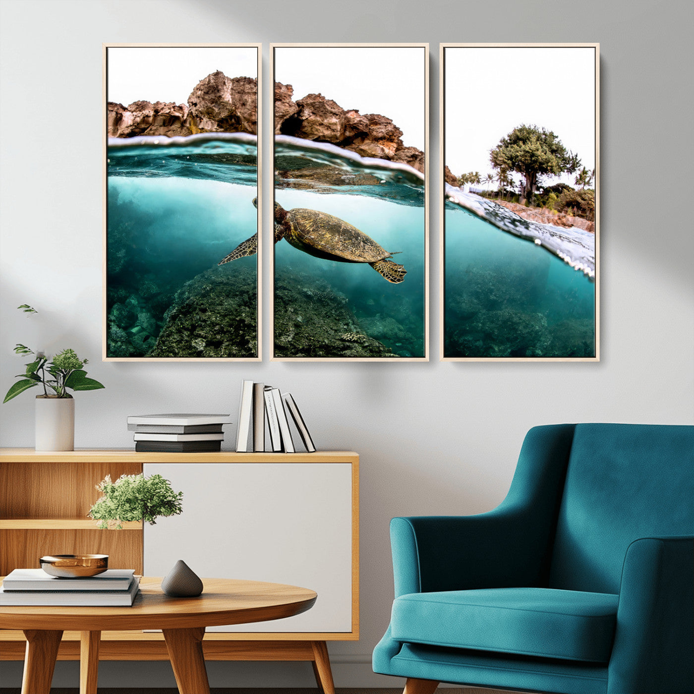 44200301-MGV-CV-36X24-Sea Turtle Swim Wall Art Canvas Print, Framed Ocean Life Art Picture Print, Tropical Shoreline Perfect Tropical Coastal Decor