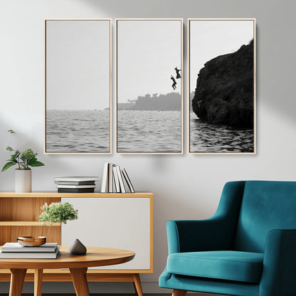 52284302-MGV-CV-36X24-Cliff Jumping Wall Art Canvas Print, Framed Ocean Adventure Art Picture Print, Black White Coast Perfect Modern Coastal Decor