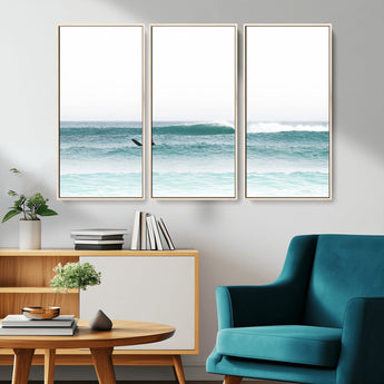 56345117-MGV-FC-48X32-3P_Natural-Minimalist Surfing Wall Art Canvas Print, Framed Ocean Waves Art Picture Print, Soft Ocean Perfect Minimalist Coastal Decor
