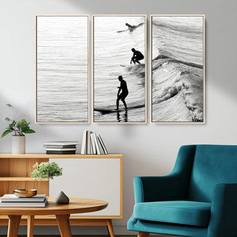 19875284-MGV-FC-48X32-3P_Natural-Surfer Waves Wall Art Canvas Print, Framed Black White Surf Art Picture Print, Monochrome Ocean Perfect Modern Coastal Decor