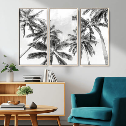 62113786-MGV-CV-36X24-Black White Palm Wall Art Canvas Print, Framed Monochrome Tropics Art Picture Print, Minimalist Beach Perfect Coastal Minimalist