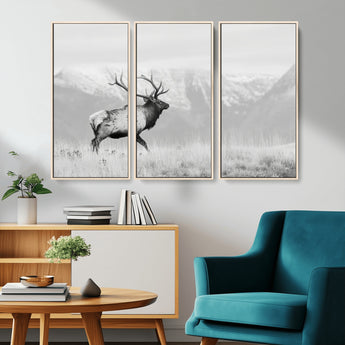 62278753-MGV-CV-36X24-Monochrome Elk Wall Art Canvas Print, Framed Mountain Wildlife Art Picture Print, Rustic Nature Perfect Rustic Minimalist Decor