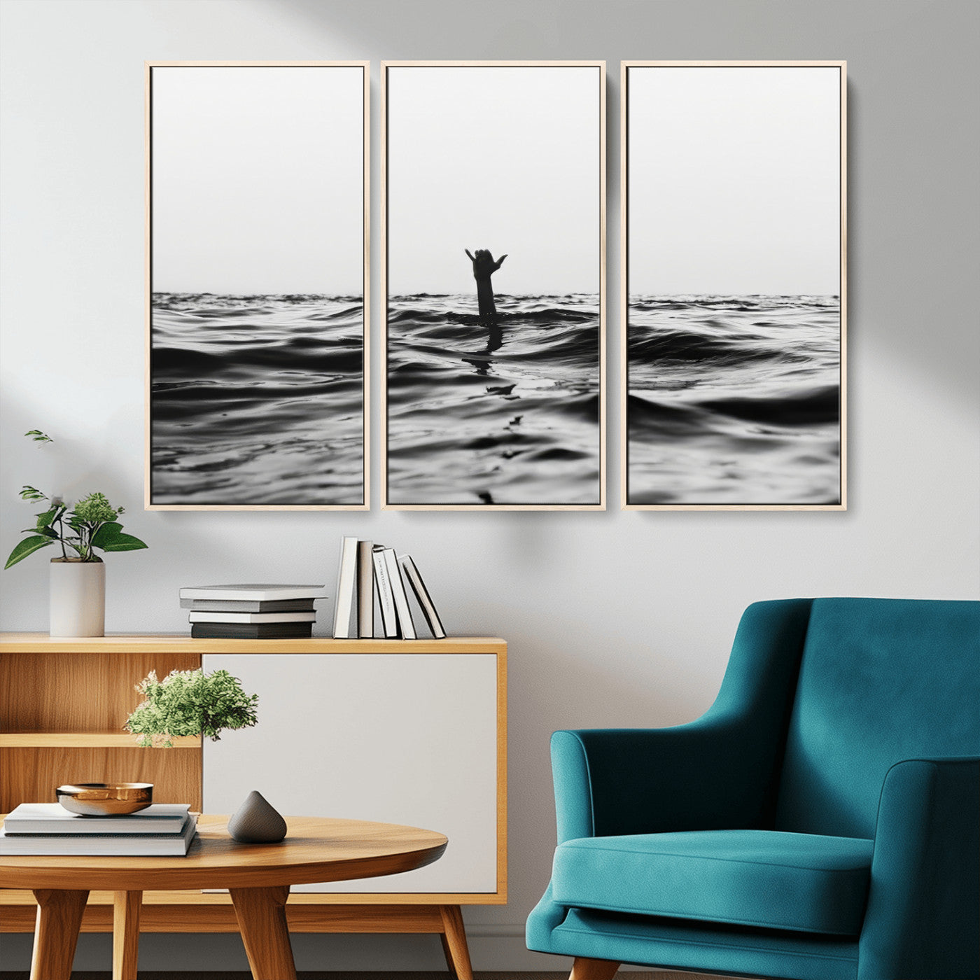 69541918-MGV-CV-36X24-Black White Ocean Wall Art Canvas Print, Framed Moody Seascape Art Picture Print, Surfer Sign Perfect Moody Minimalist Decor