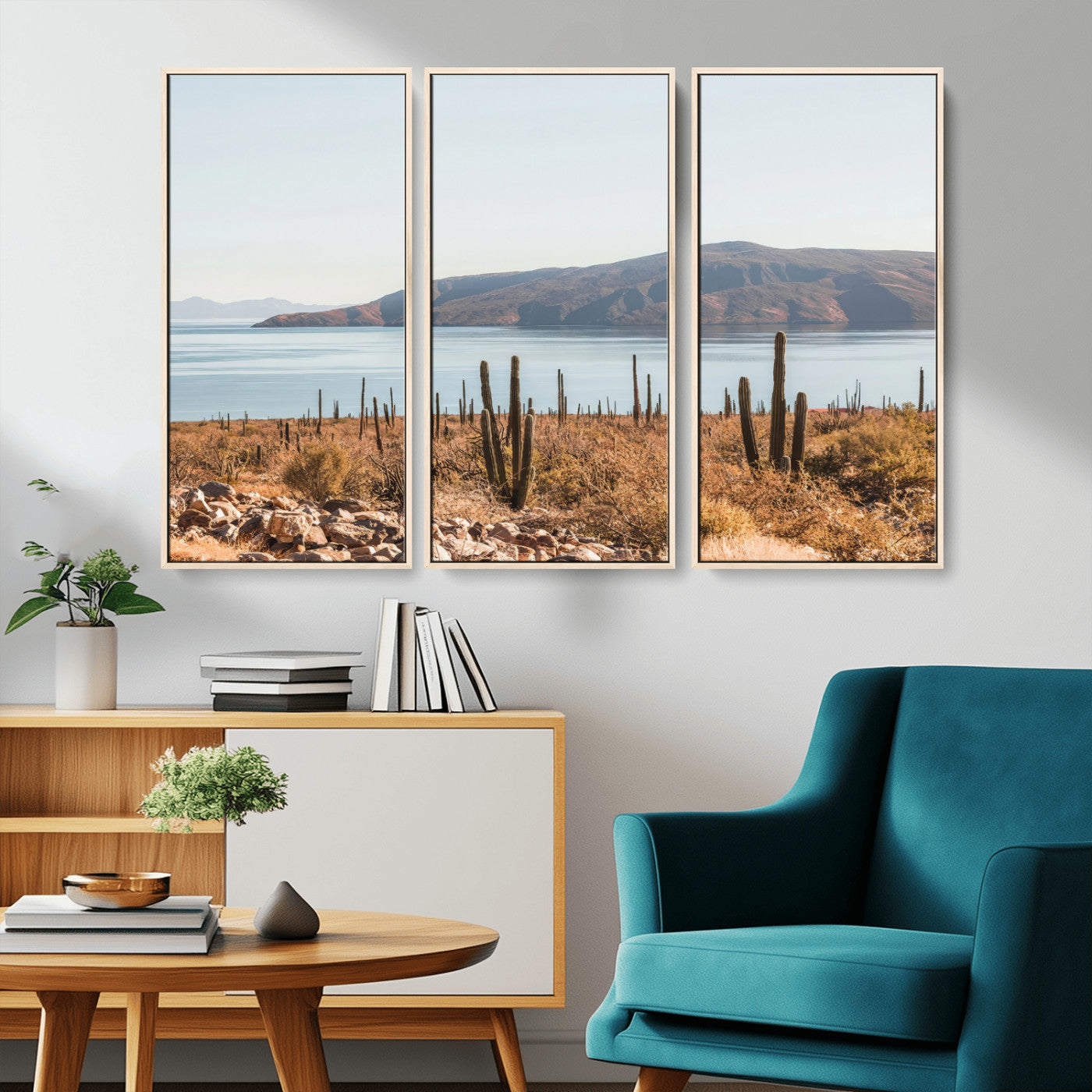 45193515-MGV-CV-36X24-Desert Cactus Wall Art Canvas Print, Framed Baja Coastline Art Picture Print, Coastal Desert Perfect Southwestern Minimalist Decor