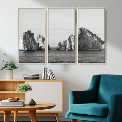 18810731-MGV-CV-36X24-Rugged Coastline Wall Art Canvas Print, Framed Ocean Cliffs Art Picture Print, Monochrome Seascape Perfect Coastal Minimalist