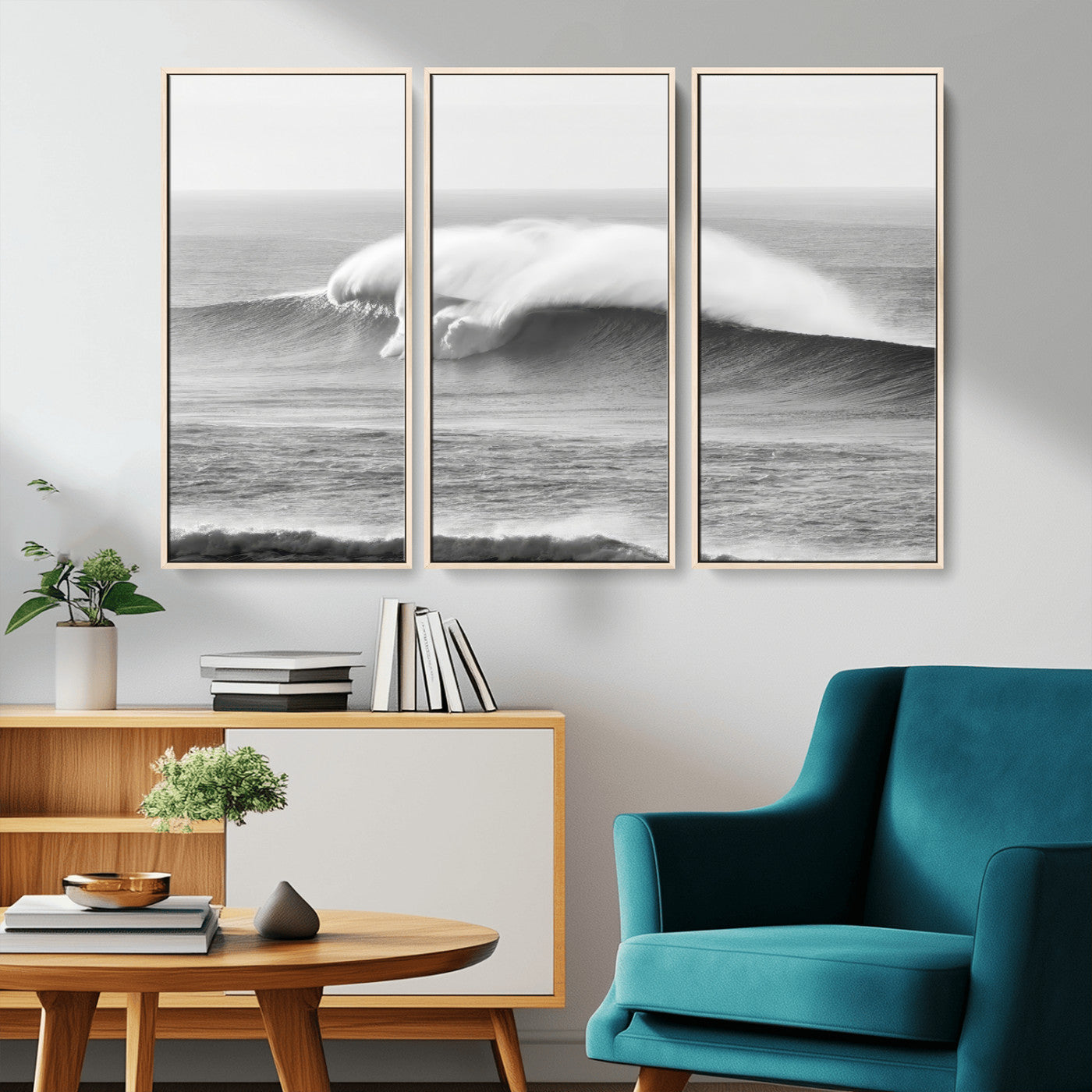 42544082-MGV-CV-36X24-Monochrome Seascape Wall Art Canvas Print, Framed Surf Wave Art Picture Print, Minimalist Ocean Perfect Moody Coastal Decor