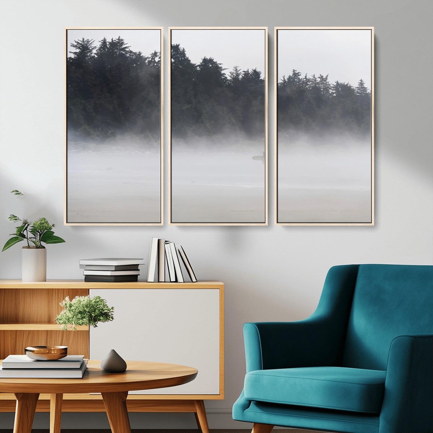 59703275-MGV-CV-36X24-Surfer in Fog Wall Art Canvas Print, Framed Foggy Beach Art Picture Print, Coastal Surf Perfect Moody Coastal Decor Artwork