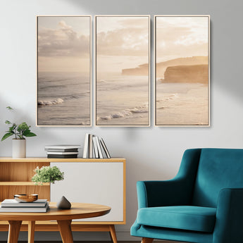 57669769-MGV-CV-36X24-Misty Coastal Wall Art Canvas Print, Framed Golden Sunset Art Picture Print, Serene Shoreline Perfect Tranquil Coastal Decor