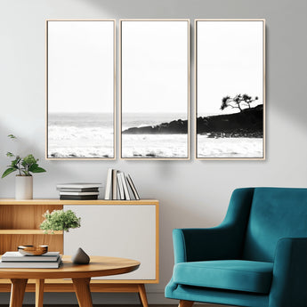 40875891-MGV-CV-36X24-SurferCliffs Wall Art Canvas Print, Framed Black White Beach Art Picture Print, Ocean Waves Perfect Minimalist Coastal Decor