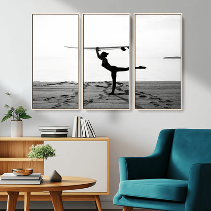 28441356-MGV-CV-36X24-Yoga Surf Wall Art Canvas Print, Framed Black White Shore Art Picture Print, Peaceful Ocean Perfect Minimalist Coastal Decor