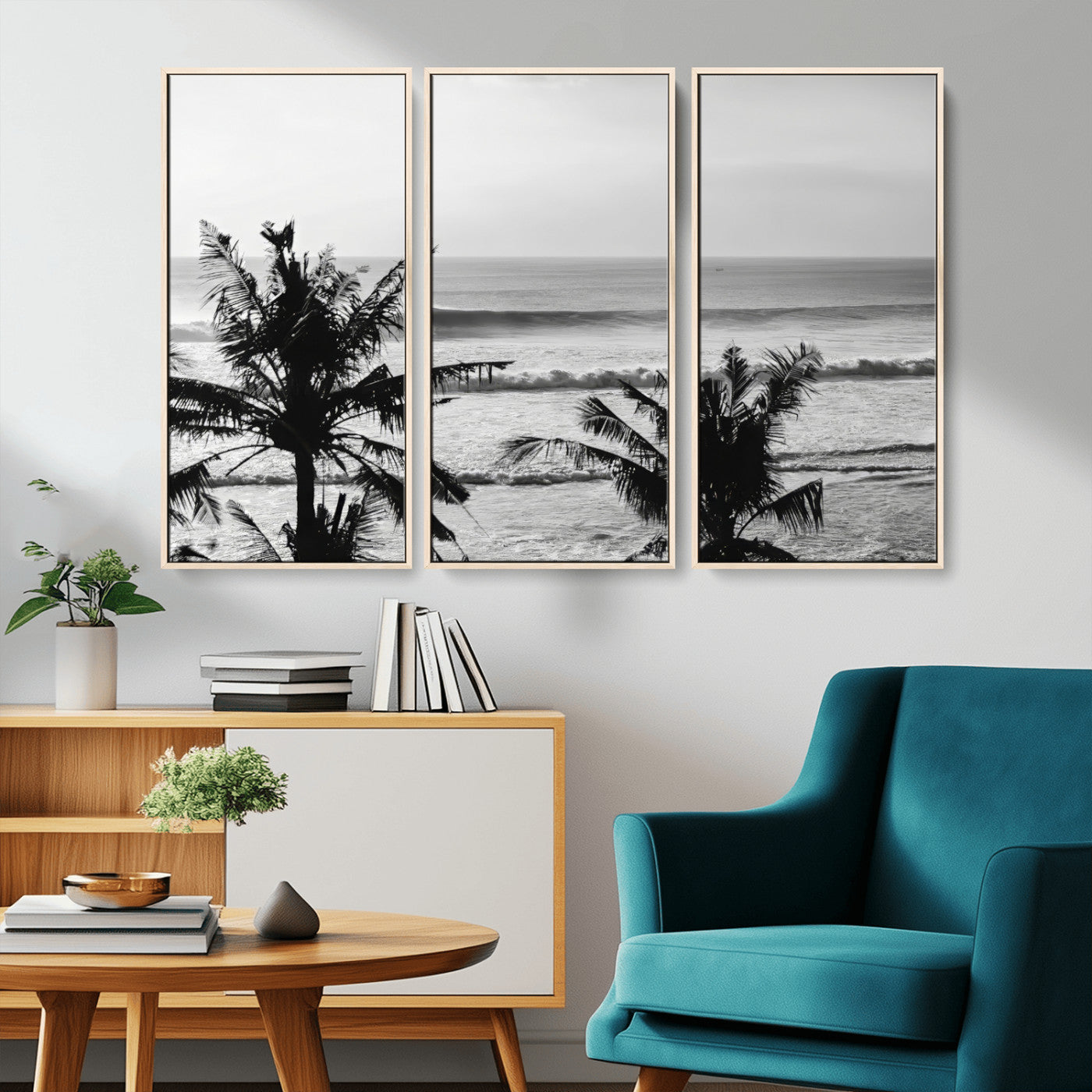 17508038-MGV-CV-36X24-Tropical Coastline Wall Art Canvas Print, Framed Palm Trees Art Picture Print, Ocean Waves Perfect Minimalist Coastal Decor