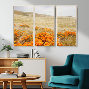 28972262-MGV-CV-36X24-Golden Wildflowers Wall Art Canvas Print, Framed Hills Bloom Art Picture Print, Poppy Meadow Perfect Rustic Nature Decor Artwork