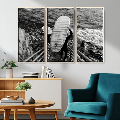 32353707-MGV-FC-48X32-3P_Natural-Black White Surfing Wall Art Canvas Print, Framed Coastal Surfing Art Picture Print, Wave Riders Perfect Coastal Adventure Decor