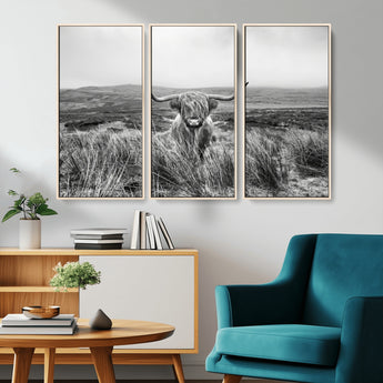 24051061-MGV-CV-36X24-Monochrome Highland Cow Wall Art Canvas Print, Framed Scottish Bull Art Picture Print, Lone Cattle Perfect Rustic Farmhouse Decor