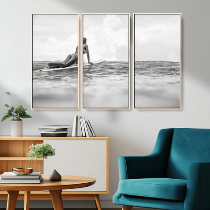 69798068-MGV-CV-36X24-Black White Surfing Wall Art Canvas Print, Framed Ocean Horizon Art Picture Print, Surfer Girl Perfect Coastal Adventure Decor