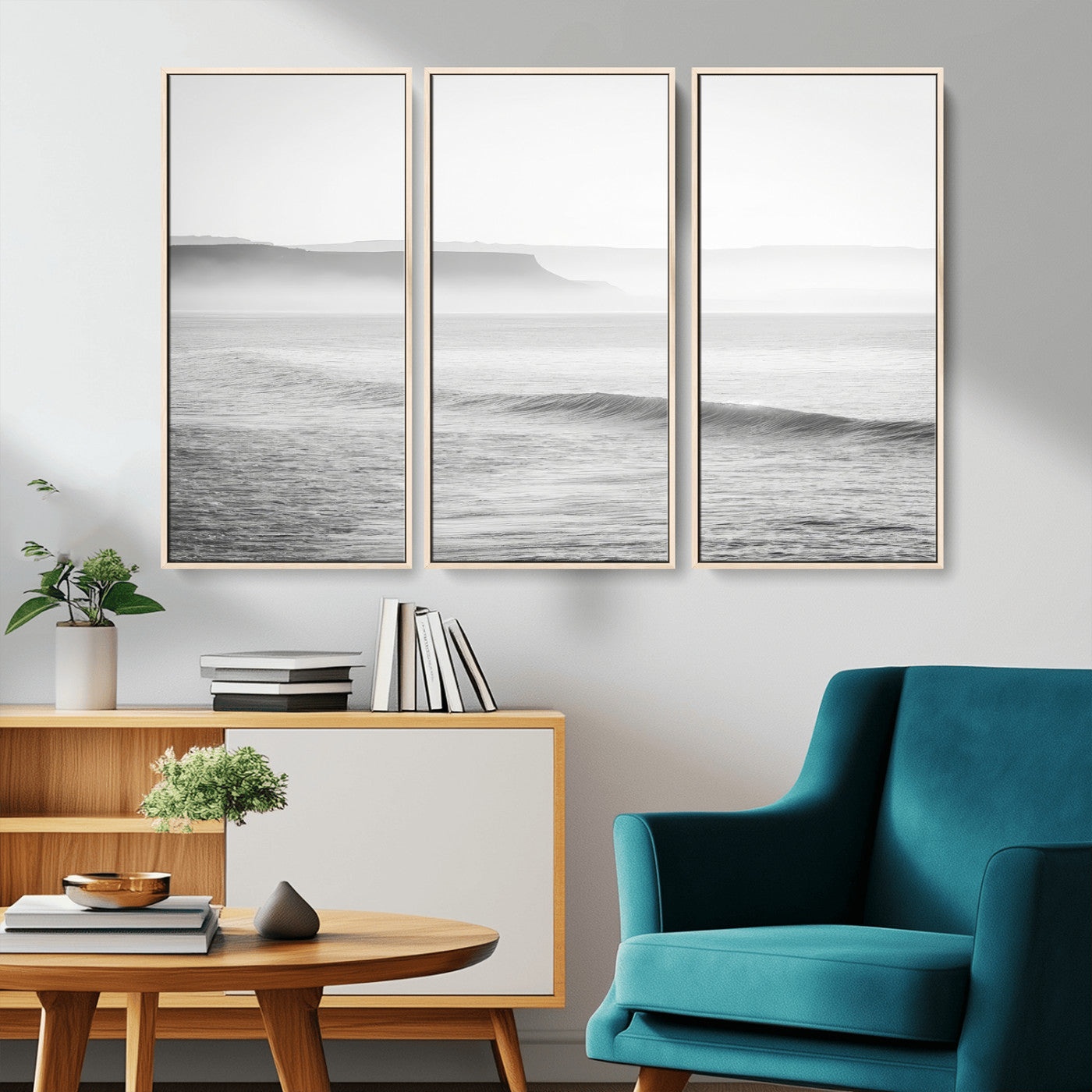 60635783-MGV-CV-36X24-Black White Seascape Wall Art Canvas Print, Framed Ocean Waves Art Picture Print, Misty Coastal Perfect Minimalist Coastal Decor