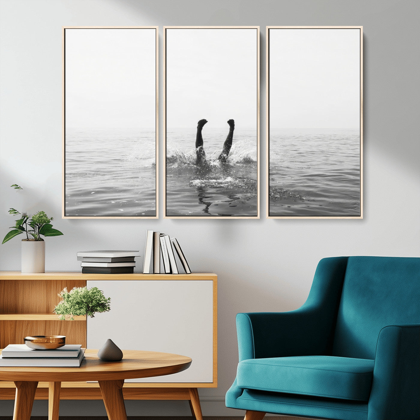 26667396-MGV-CV-36X24-Black White Ocean Wall Art Canvas Print, Framed Monochrome Water Art Picture Print, Diving into Water Perfect Minimalist Aquatic