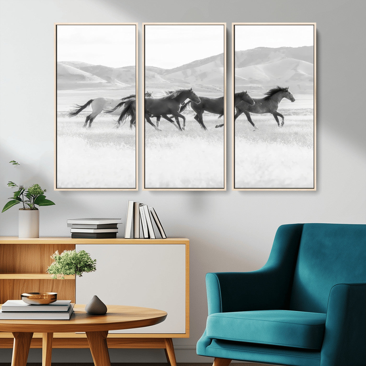 69934913-MGV-CV-36X24-Wild Horses Running Wall Art Canvas Print, Framed Black White Mustangs Art Picture Print, Rustic Western Perfect Rustic Western