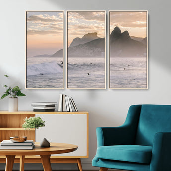 70644906-MGV-CV-36X24-Sunset Surfing Wall Art Canvas Print, Framed Misty Mountains Art Picture Print, Surfer Riding Wave Perfect Coastal Adventure Decor
