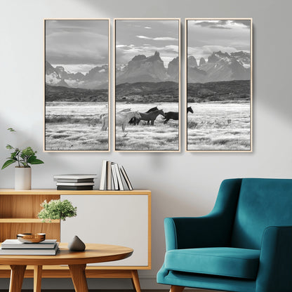 21655040-MGV-CV-36X24-Wild Horses Wall Art Canvas Print, Framed Black White Mountains Art Picture Print, Rustic Countryside Perfect Rustic Western Decor