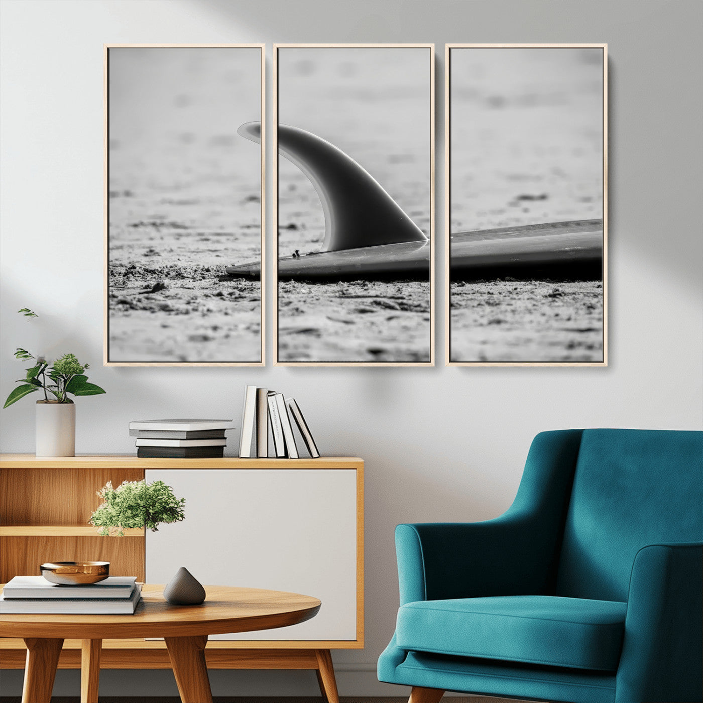 62314230-MGV-CV-36X24-Black White Surfboard Wall Art Canvas Print, Framed Minimalist Beach Art Picture Print, Surf Fin Perfect Minimalist Coastal Decor