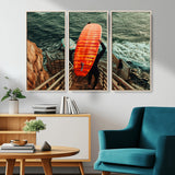 84555848-MGV-CV-36X24-Surfer Stairway Wall Art Canvas Print, Framed Ocean Surf Art Picture Print, Sunset Coastal Perfect Coastal Adventure Decor Artwork