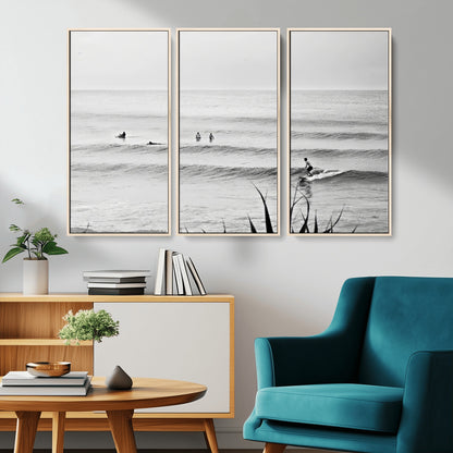33821421-MGV-CV-36X24-Surfer Silhouette Wall Art Canvas Print, Framed Calm Ocean Art Picture Print, Monochrome Surf Perfect Minimalist Coastal Decor