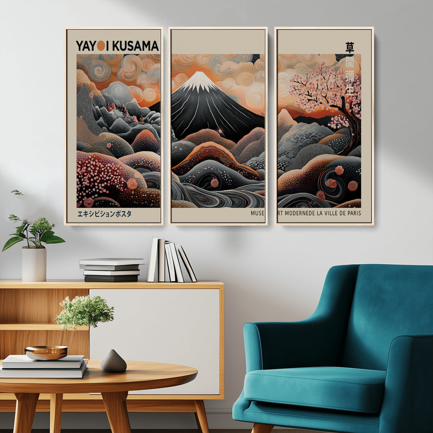 55739266-MGV-CV-36X24-Japanese Wall Art Print – Abstract Yayoi Kusama Inspired Dotted Landscape Poster, Surreal Oriental Mountain and Cherry Blossom