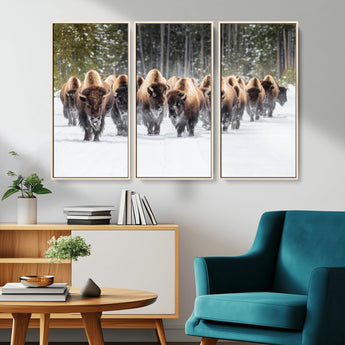 22695857-MGV-CV-36X24-Bison Herd Scene Wall Art Canvas Print, Framed Western Wildlife Art Picture Print, Rustic Animal Art Perfect Rustic Lodge Decor
