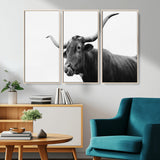 99244177-MGV-CV-36X24-Longhorn Photography Wall Art Canvas Print, Framed Western Cow Decor Art Picture Print, Black White Bull Perfect Modern Rustic