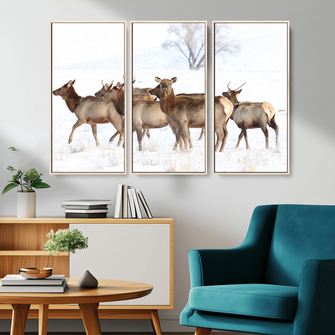 68738684-MGV-CV-36X24-Winter Elk Scene Wall Art Canvas Print, Framed Wildlife Photography Art Picture Print, Snowy Deer Decor Perfect Rustic Lodge Decor