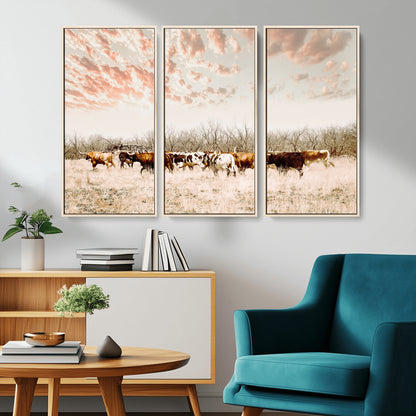 43704663-MGV-CV-36X24-Country Cow Herd Wall Art Canvas Print, Framed Farmhouse Cattle Scene Art Picture Print, Rustic Ranch Decor Perfect Rustic