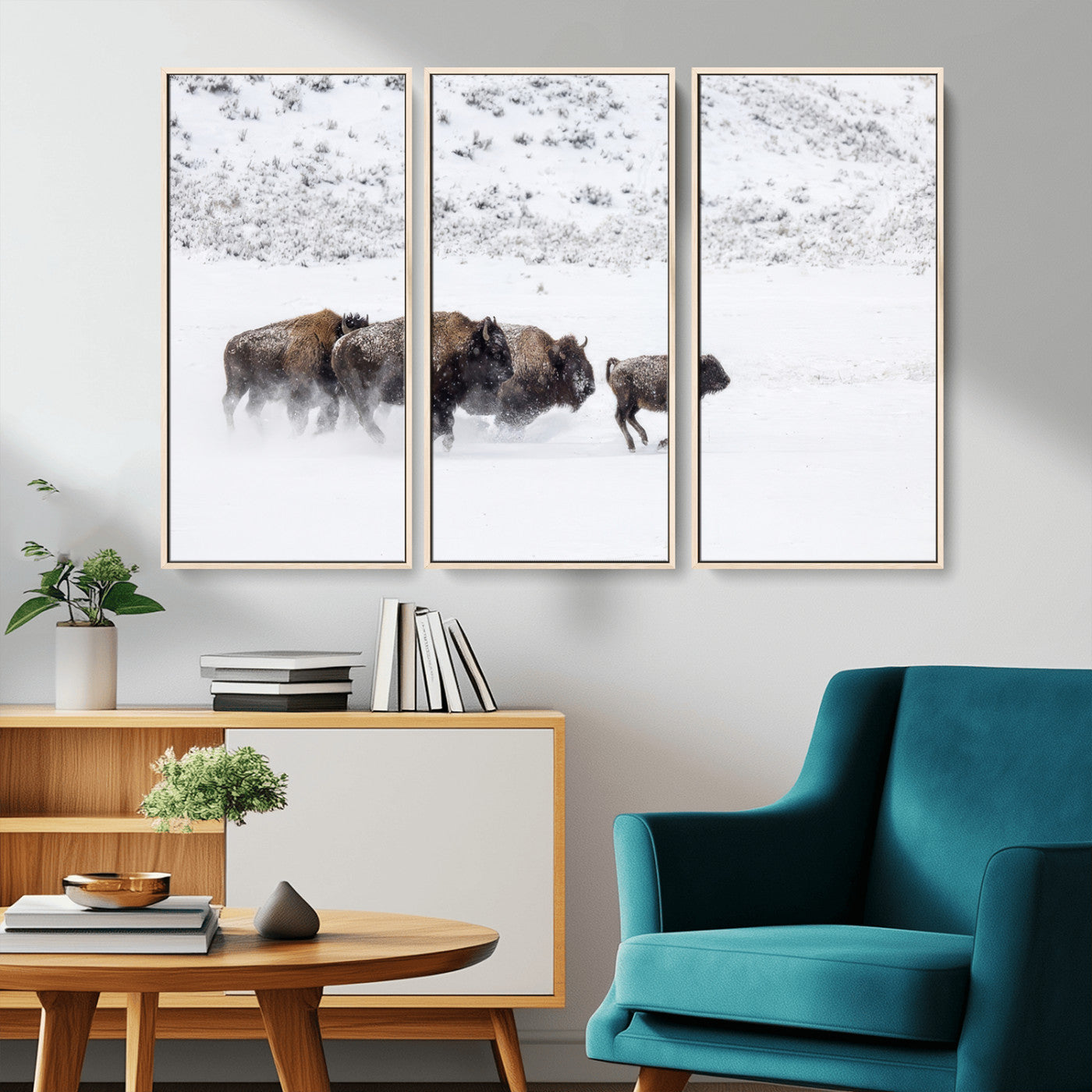 56216945-MGV-CV-36X24-Bison Herd Decor Wall Art Canvas Print, Framed Snowy Bison Scene Art Picture Print, Winter Wildlife Theme Perfect Rustic Western