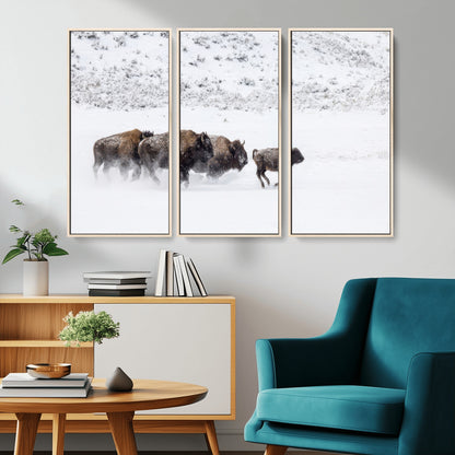 56216945-MGV-FC-48X32-3P_Natural-Bison Herd Decor Wall Art Canvas Print, Framed Snowy Bison Scene Art Picture Print, Winter Wildlife Theme Perfect Rustic Western