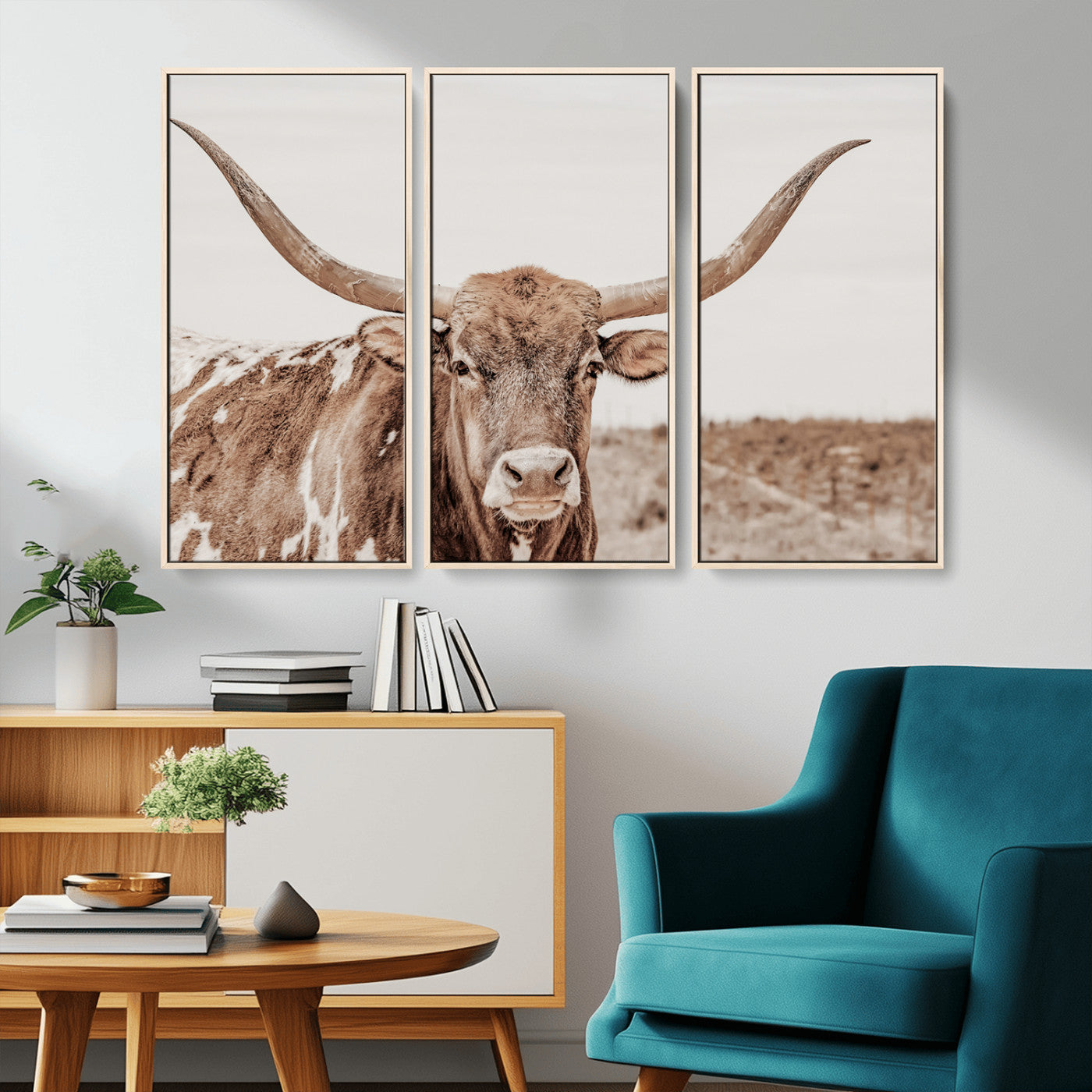 77810049-MGV-CV-36X24-Longhorn Bull Photo Wall Art Canvas Print, Framed Rustic Cow Decor Art Picture Print, Neutral Farmhouse Style Perfect Rustic