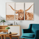 74406977-MGV-CV-36X24-Longhorn Bull Decor Wall Art Canvas Print, Framed Western Cow Theme Art Picture Print, Rustic Farmhouse Wall Perfect Neutral