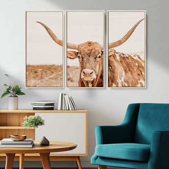 74406977-MGV-CV-36X24-Longhorn Bull Decor Wall Art Canvas Print, Framed Western Cow Theme Art Picture Print, Rustic Farmhouse Wall Perfect Neutral
