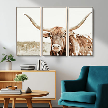 98924580-MGV-CV-36X24-Texas Longhorn Bull Wall Art Canvas Print, Framed Rustic Farmhouse Decor Art Picture Print, Western Animal Theme Perfect Rustic