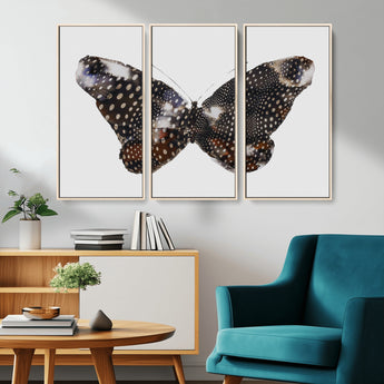 99831147-MGV-FC-48X32-3P_Natural-Spotted Butterfly Wall Art Canvas Print, Framed Neutral Insect Theme Art Picture Print, Earthy Wing Pattern Perfect Modern Rustic