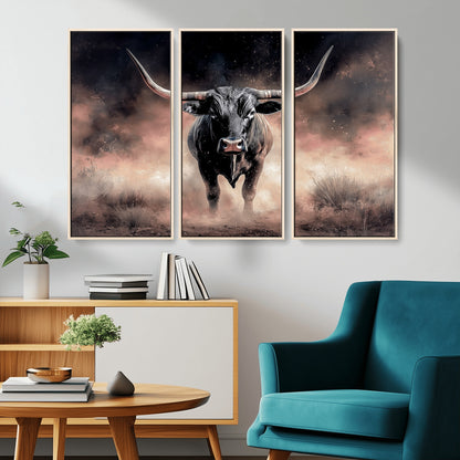71457818-MGV-CV-36X24-Longhorn Wall Art Wall Art Canvas Print, Framed Western Bull Canvas Art Picture Print, Rustic Cow Decor Perfect Western Dramatic